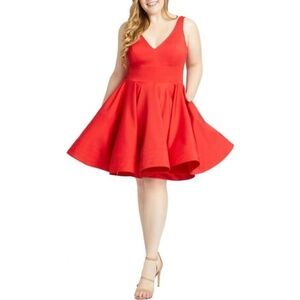 Mac Duggal Women's Plus Size Sleeveless V-Neck Fit & Flare Mini Dress